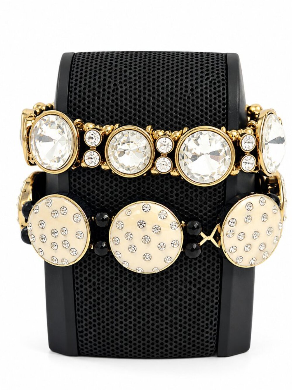Gold Tone Rhinestone Stretch Bracelet – Crystal & Ivory Disc Bracelets (2-Pcs)